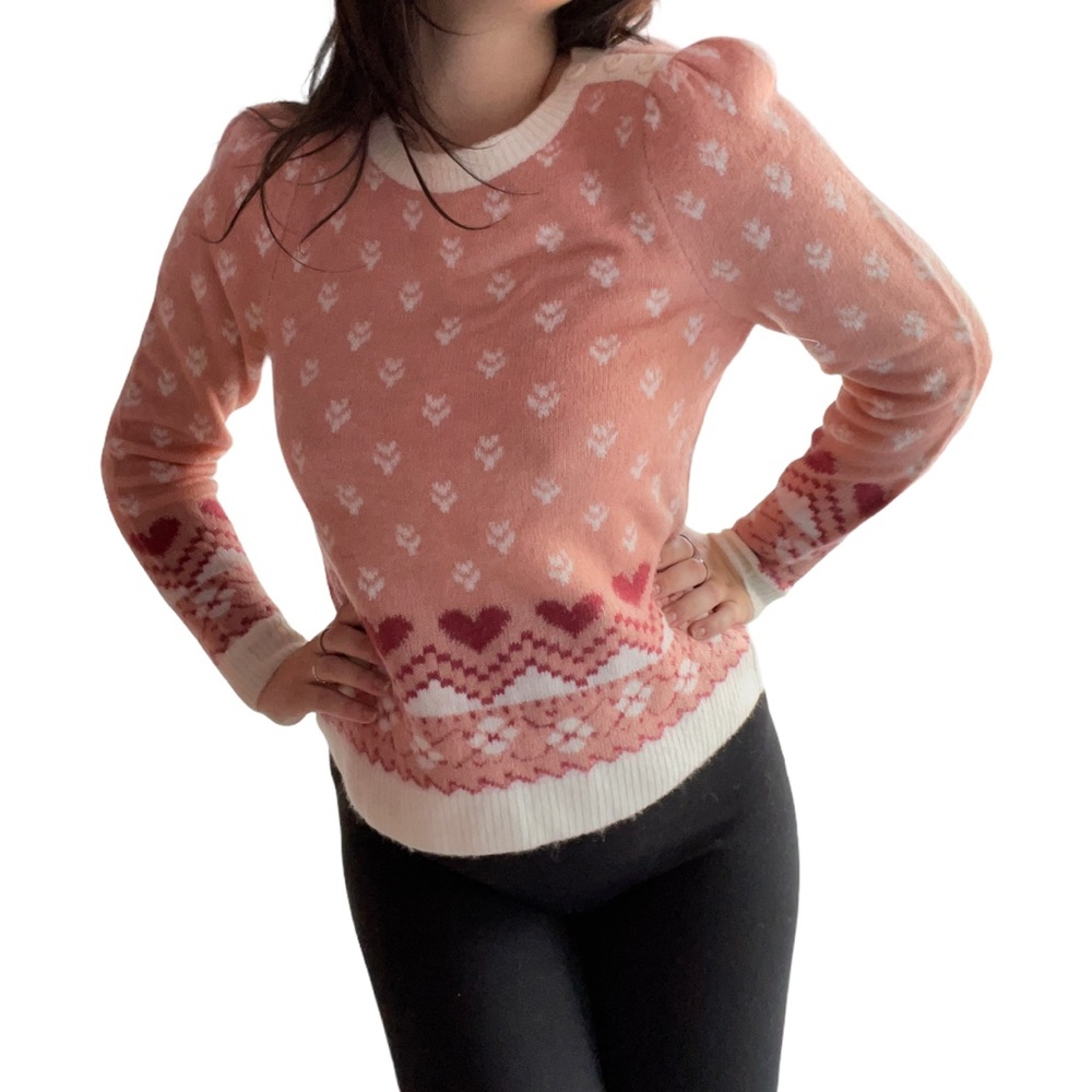 LC Lauren Conrad Pink & White Patterned Crewneck Sweater